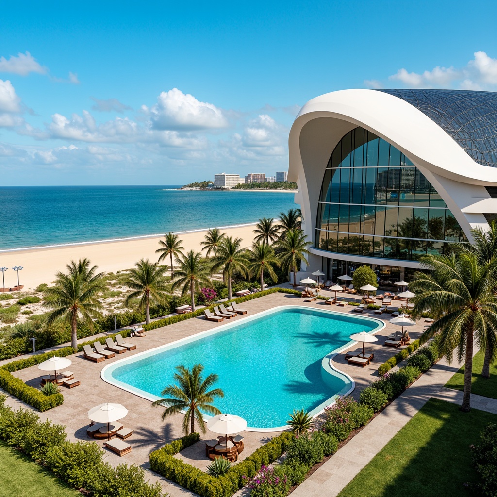 Prompt: Vibrant beachfront casino, curved wave-inspired architecture, glass fa\u00e7ade, sleek modern design, ocean views, expansive outdoor spaces, palm trees, tropical landscaping, water features, infinity pool, lounge chairs, umbrellas, warm sandy beach, clear blue sky, sunny day, soft warm lighting, shallow depth of field, 3/4 composition, panoramic view, realistic textures, ambient occlusion.