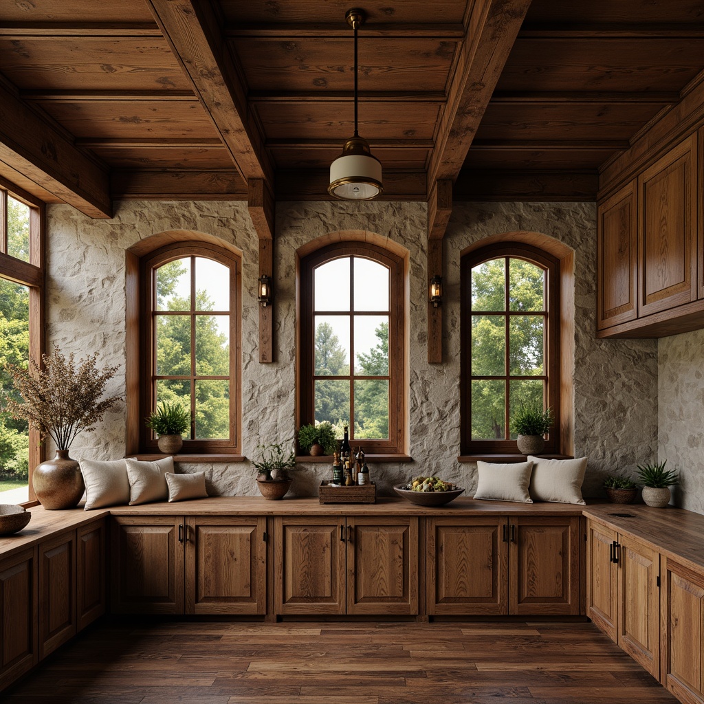 Prompt: Rustic wooden accents, natural stone textures, earthy color palette, warm ambient lighting, cozy window nooks, built-in cabinetry, decorative trims, ornate moldings, rich wood tones, vintage hardware fixtures, distressed finishes, rough-hewn beams, organic forms, soft warm glows, 1/2 composition, shallow depth of field, realistic textures, ambient occlusion.