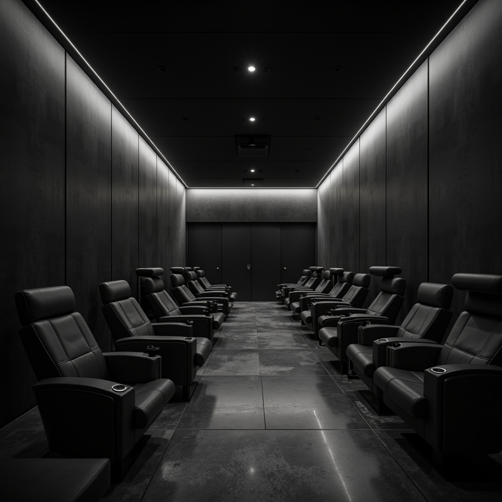 Prompt: Minimalist theater interior, sleek lines, monochromatic color scheme, polished concrete floor, modular seating arrangement, ergonomic chairs, stainless steel frames, adjustable armrests, hidden cup holders, ambient LED lighting, subtle shadows, shallow depth of field, 2/3 composition, cinematic view, realistic textures, soft focus blur.