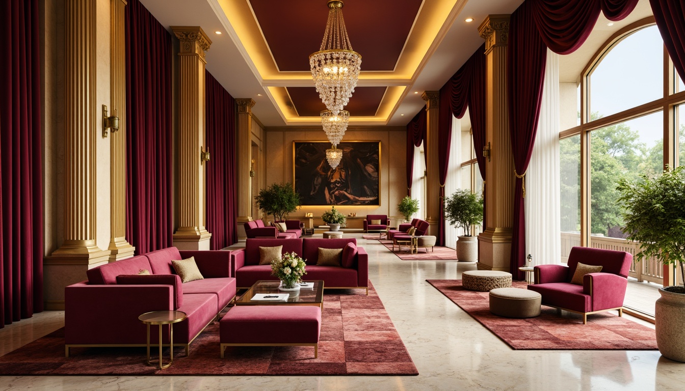 Prompt: Luxurious velvet fabrics, rich jewel-toned colors, soft golden lighting, ornate furniture, carved wooden accents, plush area rugs, metallic gold frames, crystal chandeliers, elegant drapery, sophisticated geometric patterns, statement wall art, refined minimalist decor, airy open spaces, cream-colored marble floors, lavish curtains, ambient warm glow, shallow depth of field, 1/1 composition, realistic textures.