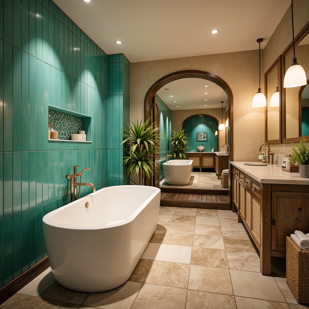 Prompt: Vibrant turquoise tiles, ornate bronze fixtures, elegant archways, warm beige walls, natural stone flooring, lavish freestanding tubs, rainfall showerheads, LED lighted mirrors, woven rattan storage, distressed wood cabinets, soft golden lighting, 3/4 composition, shallow depth of field, realistic textures, ambient occlusion.