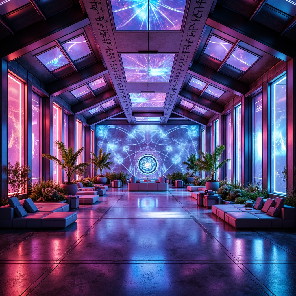 Prompt: Neon-lit pavilion interior, futuristic architecture, vibrant color palette, iridescent hues, glowing accents, metallic surfaces, polished chrome details, holographic patterns, immersive LED lights, dynamic shapes, angular lines, minimalist decor, sleek furniture, avant-garde art pieces, futuristic sculptures, ambient lighting, soft focus, shallow depth of field, 1/1 composition, realistic reflections, high-tech materials, innovative textiles.