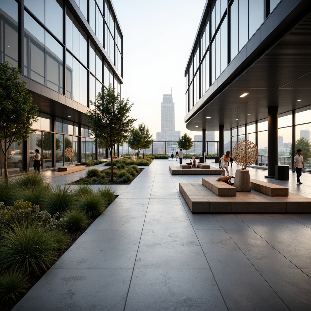 Prompt: Minimalist courtyard, sleek glass walls, polished concrete floors, modern art sculptures, lush greenery, natural stone benches, open-air corridors, industrial-style lighting, floor-to-ceiling windows, panoramic city views, warm neutral color palette, soft diffused lighting, shallow depth of field, 3/4 composition, realistic textures, ambient occlusion.