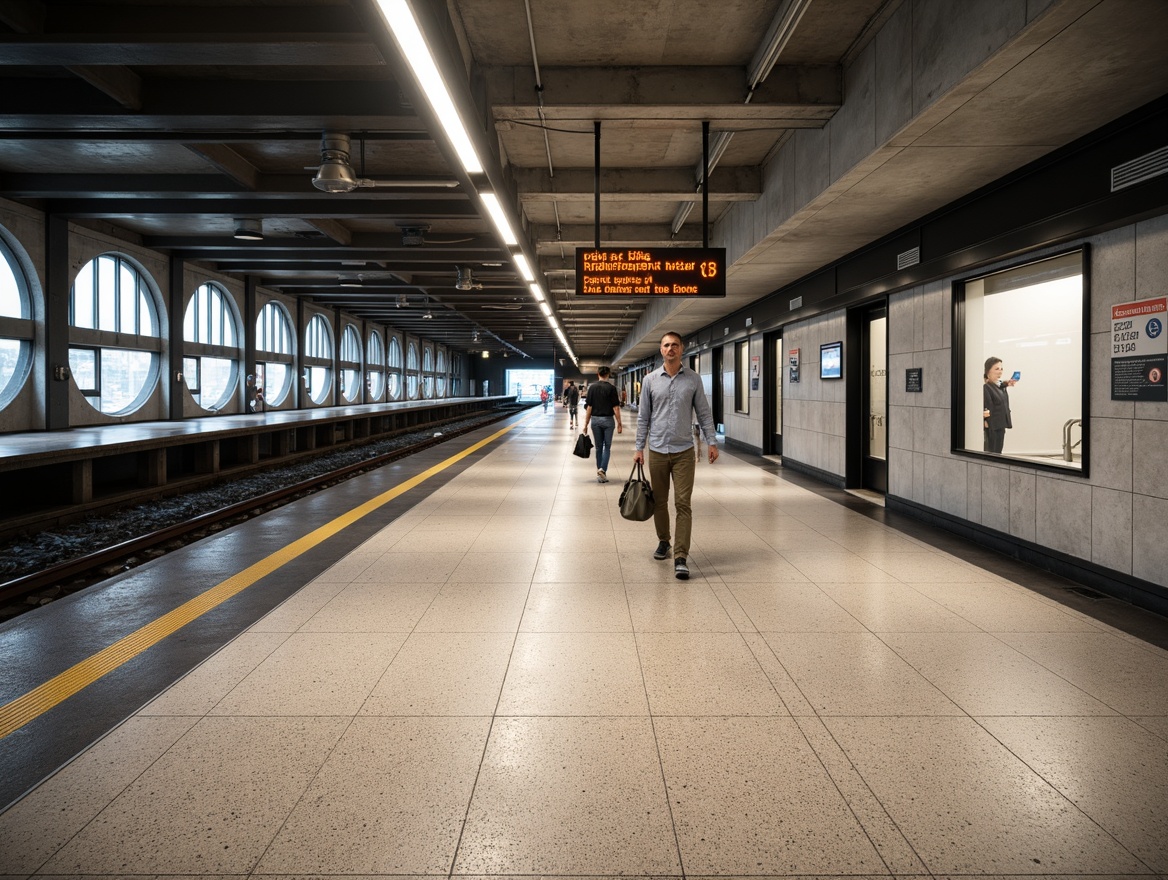 Prompt: Polished metro station, transitional style, durable flooring options, industrial-chic atmosphere, exposed concrete ceilings, sleek steel beams, modern urban aesthetic, high-traffic areas, commercial-grade materials, slip-resistant surfaces, low-maintenance requirements, epoxy-coated finishes, terrazzo-inspired patterns, neutral color palette, ambient lighting, shallow depth of field, 2/3 composition, realistic textures, subtle reflections.