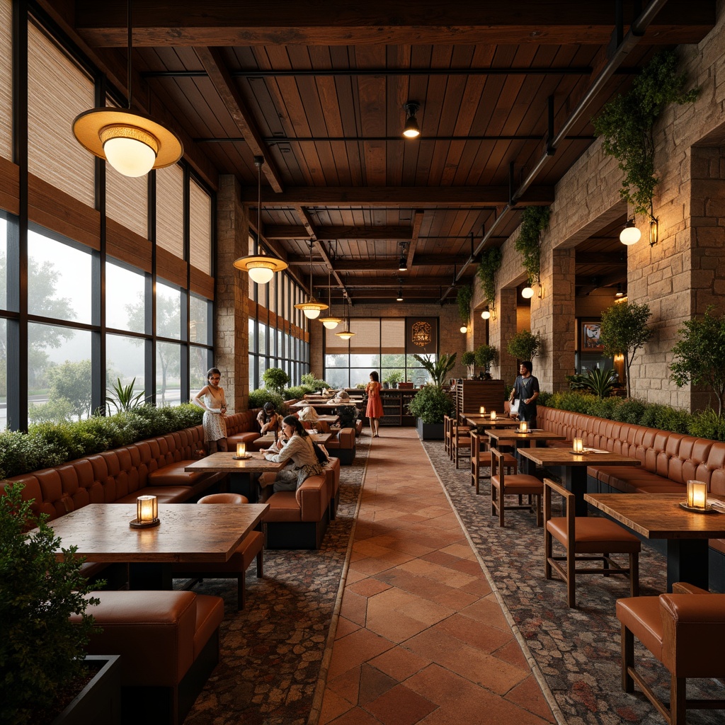 Prompt: Cozy restaurant interior, warm wood accents, rich velvet fabrics, rustic stone walls, soft leather upholstery, metallic bronze details, earthy terracotta flooring, lush greenery, industrial metal beams, reclaimed wood tables, comfortable cushions, elegant chandeliers, warm ambient lighting, shallow depth of field, 2/3 composition, realistic render, atmospheric misting effect.