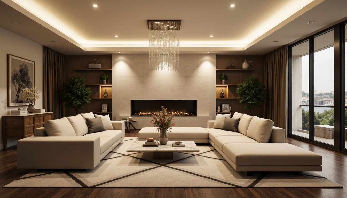 Prompt: Luxurious modern living room, sleek lines, minimalist decor, cream-colored walls, dark hardwood floors, floor-to-ceiling windows, soft warm lighting, ambient glow, recessed LED lights, pendant light fixtures, crystal chandeliers, marble coffee tables, velvet sofas, geometric patterned rugs, natural stone fireplaces, subtle color palette, shallow depth of field, 1/1 composition, realistic textures, high-end materials.