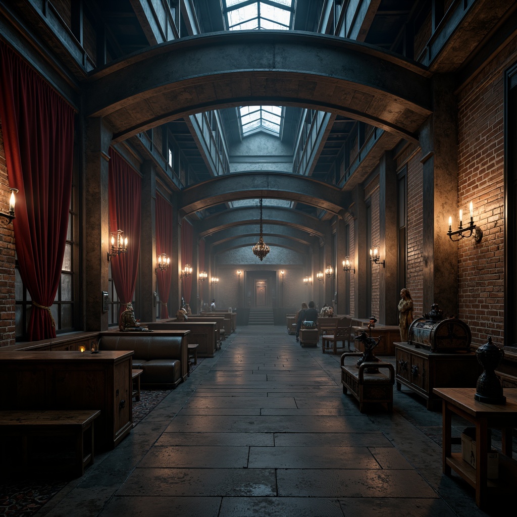 Prompt: Dark mysterious atmosphere, industrial metal beams, exposed brick walls, distressed wood accents, ornate gothic arches, grand chandeliers, luxurious velvet drapes, dimly lit candelabras, reclaimed wooden floors, vintage machinery parts, distressed leather furniture, moody color palette, dramatic shadows, high contrast lighting, cinematic composition, atmospheric fog effects, mysterious ambient sounds.