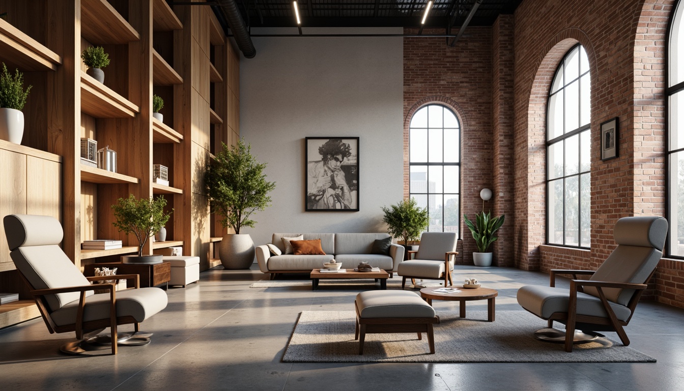 Prompt: Curved lines, minimalist aesthetic, reclaimed wood accents, plush upholstery, metallic legs, adjustable armrests, ergonomic design, floor-to-ceiling windows, natural light, urban loft atmosphere, industrial chic decor, exposed brick walls, polished concrete floors, modern art pieces, abstract sculptures, cozy reading nooks, conversational seating areas, warm ambient lighting, 1/2 composition, soft focus blur, realistic textures, subtle color palette.