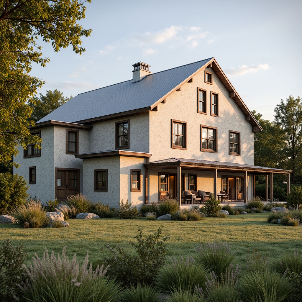 Prompt: Rustic farmhouse, vintage decor, earthy tones, weathered wood accents, natural stone walls, distressed metal roofs, lush greenery, wildflowers, soft warm lighting, shallow depth of field, 3/4 composition, panoramic view, realistic textures, ambient occlusion, creamy whites, warm beiges, muted blues, soft sage greens, earthy browns.