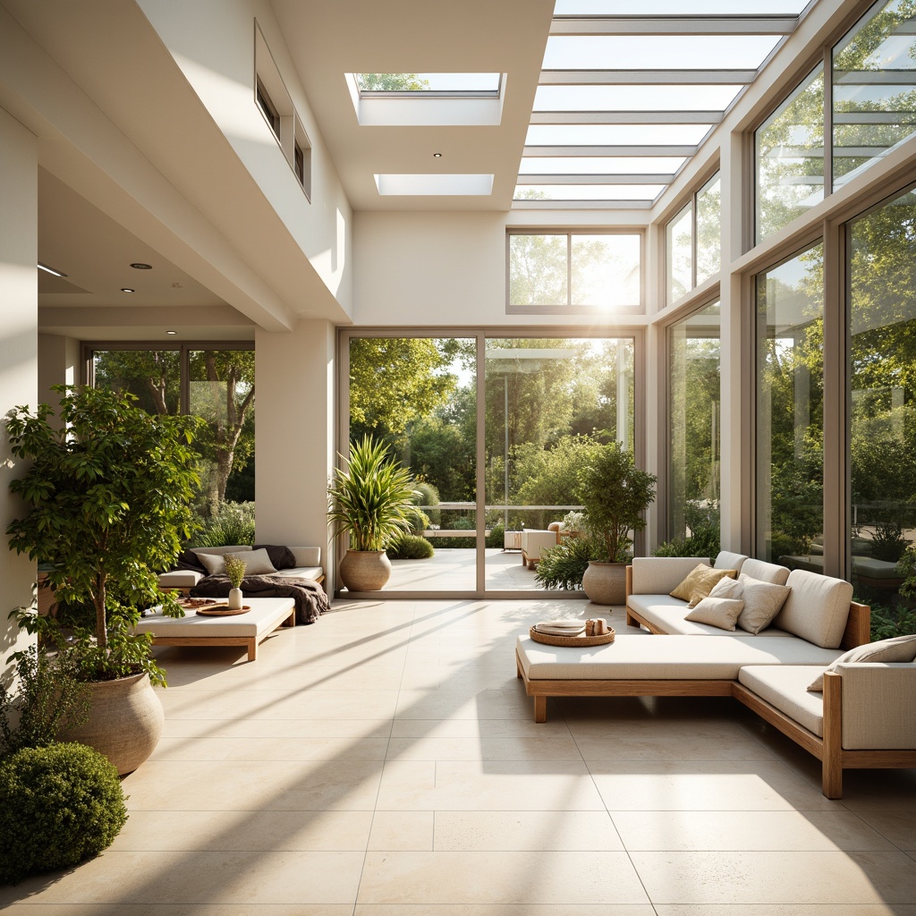 Prompt: Sun-drenched sunroom, floor-to-ceiling windows, sliding glass doors, transparent roofing, skylights, clerestory windows, bright white walls, polished marble floors, minimalist decor, lush greenery, potted plants, natural stone accents, warm beige tones, soft creamy textures, ambient occlusion, 1/1 composition, shallow depth of field, panoramic view, realistic lighting effects, morning sunlight, gentle warm glow.