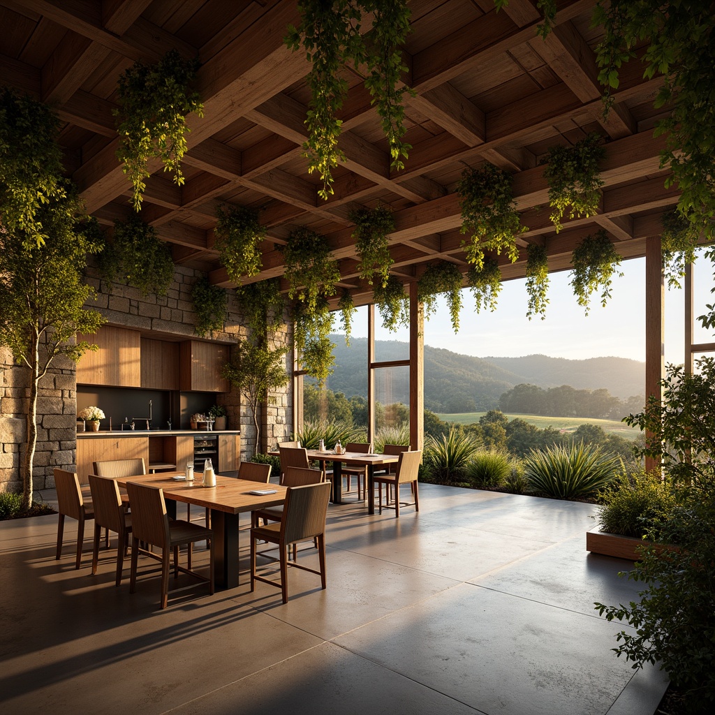 Prompt: Rustic wooden accents, earthy stone walls, vines climbing trellises, warm candlelight, rich wood tones, polished concrete floors, sleek metal fixtures, minimalist decor, floor-to-ceiling glass windows, rolling vineyard views, natural light pouring in, soft warm glow, shallow depth of field, 3/4 composition, realistic textures, ambient occlusion.