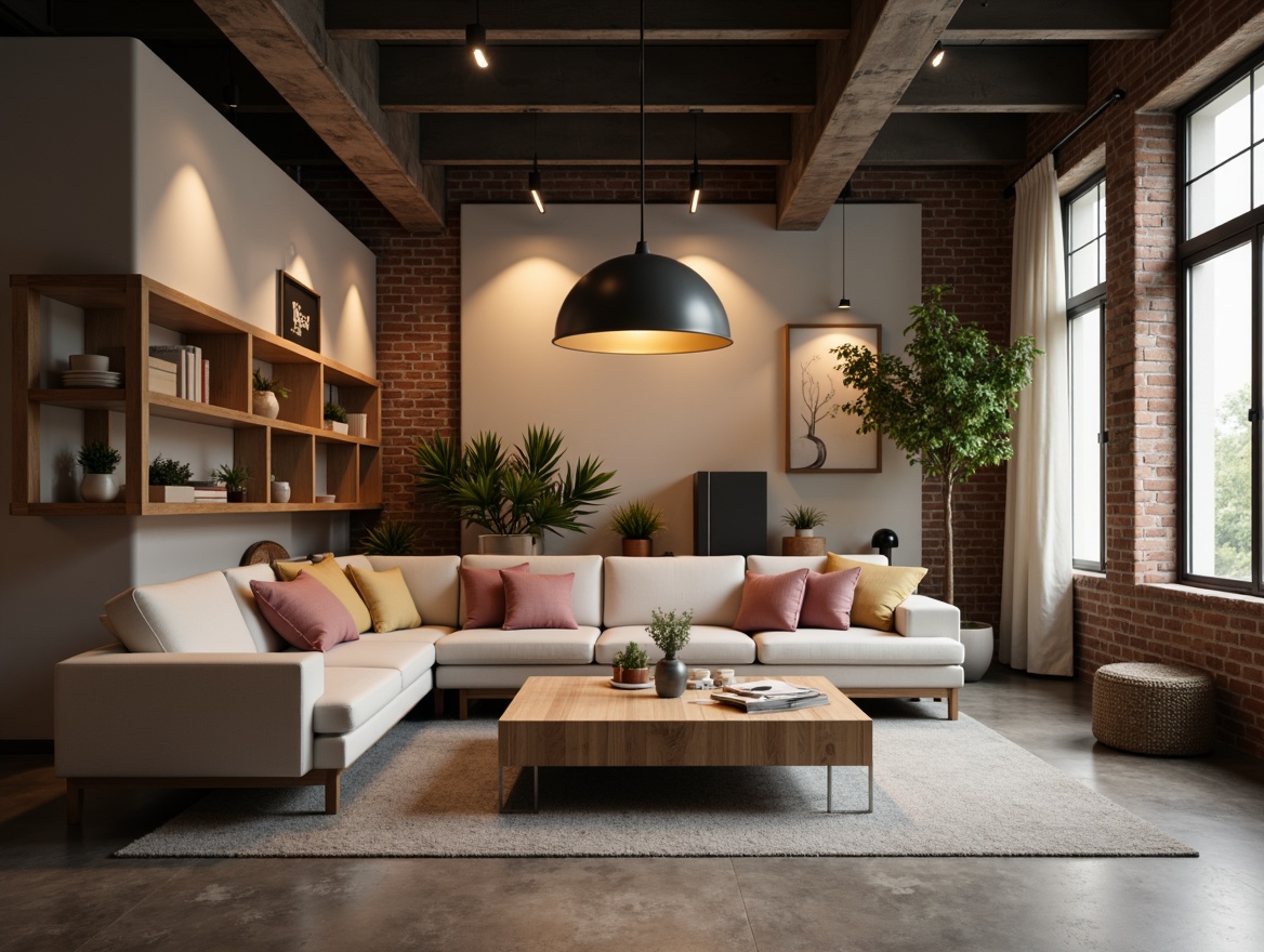 Prompt: Modern interior design, cozy ambiance, warm white lighting, pendant lamps, metal shades, minimalist fixtures, industrial chic, exposed brick walls, polished concrete floors, sleek lines, Scandinavian-inspired decor, natural textiles, soft pastel colors, 1/1 composition, softbox lighting, shallow depth of field, realistic reflections.