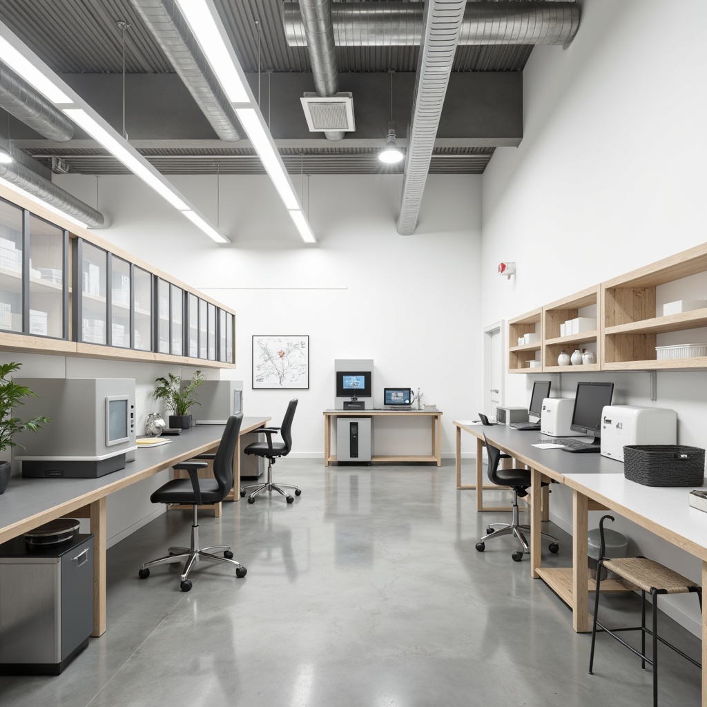 Prompt: Minimalist laboratory interior, clean white walls, polished concrete floors, modern metal equipment, sleek glass workstations, ergonomic stools, simple wooden shelving, industrial-style lighting fixtures, stainless steel countertops, recycled plastic storage bins, subtle branding elements, natural textures, soft diffused lighting, shallow depth of field, 1/1 composition, realistic renderings, ambient occlusion.