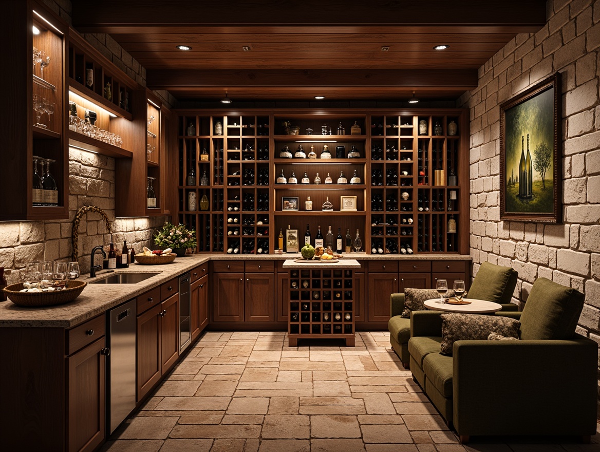 Prompt: Luxurious wine cellar, rich wood tones, stone walls, dimmable lighting, temperature control systems, humidity sensors, wooden wine racks, glass-enclosed cabinets, leather-bound wine books, elegant wine glasses, decanters, corkscrews, wine-themed artwork, ambient soft music, comfortable seating areas, rustic brick floors, natural stone countertops, sophisticated metal accents, warm earthy colors, intimate atmosphere, dramatic spot lighting, 1/1 composition, shallow depth of field.