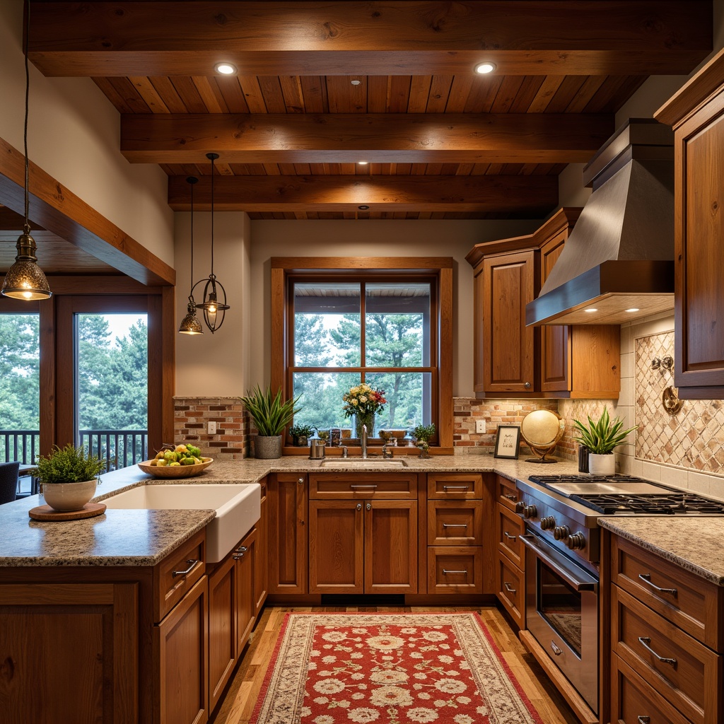 Prompt: Warm kitchen, Craftsman style, rich wood tones, granite countertops, earthy color palette, rustic cabinets, ornate metal hardware, pendant lighting, natural stone backsplash, brick red walls, cozy breakfast nook, farmhouse sink, polished nickel faucets, woven textiles, soft warm lighting, shallow depth of field, 1/1 composition, realistic textures, ambient occlusion.