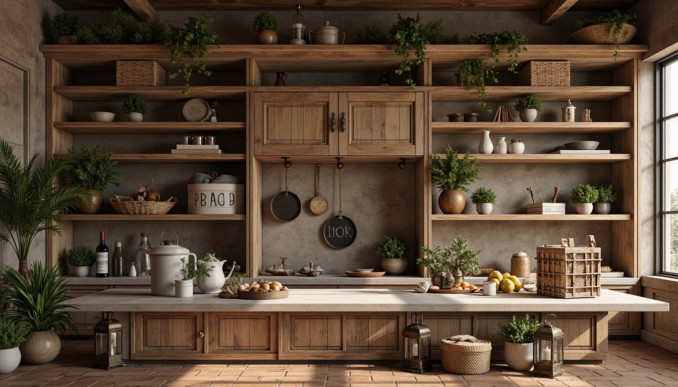 Prompt: Rustic wooden display shelves, distressed finishes, vintage decorative brackets, earthy color palette, natural stone countertops, woven baskets, antique metal lanterns, reclaimed wood crates, burlap drapes, potted greenery, warm softbox lighting, shallow depth of field, 1/1 composition, realistic textures, ambient occlusion.