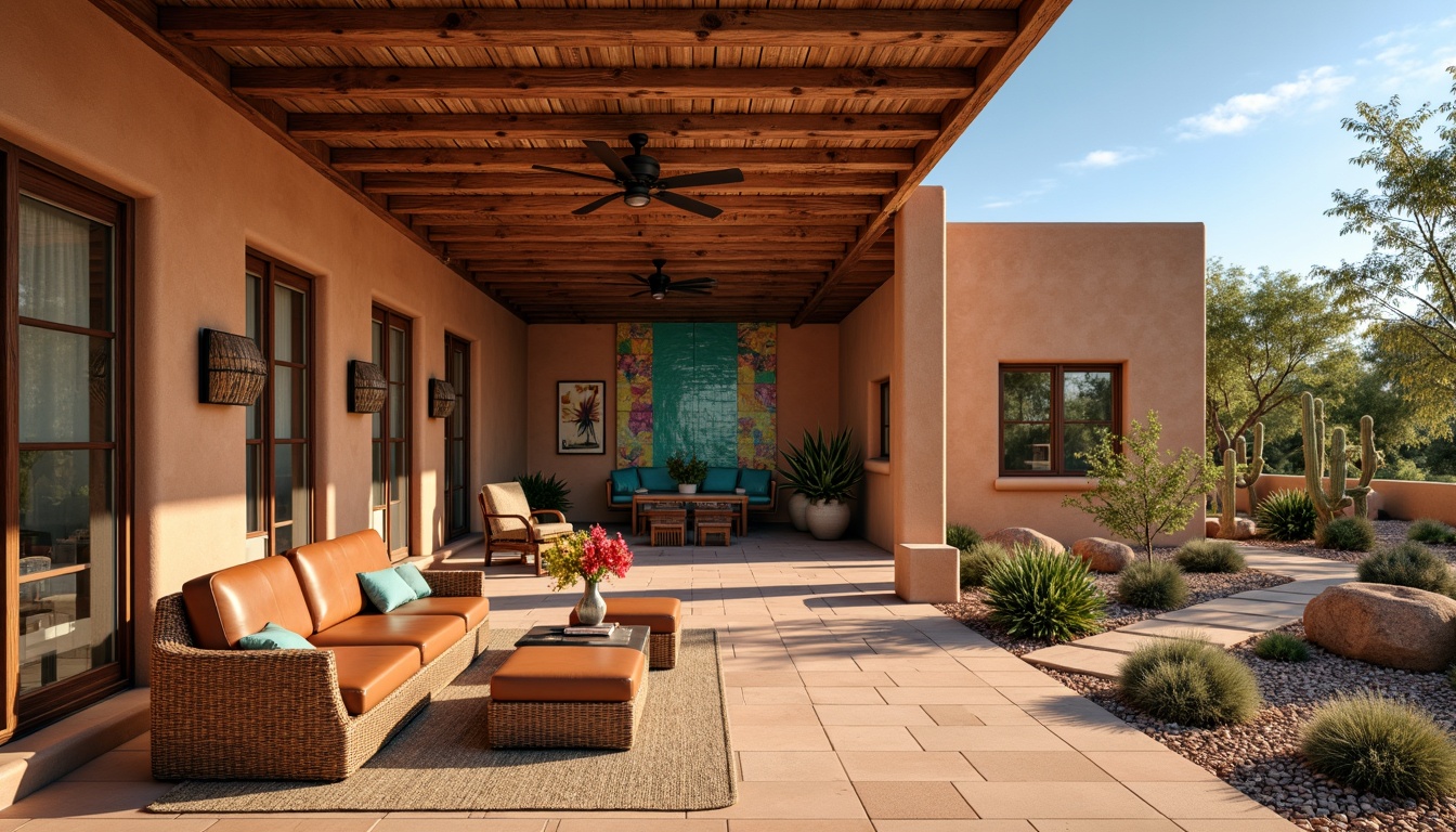 Prompt: Earthy southwestern abode, warm terracotta exteriors, rustic wooden accents, natural stone walls, woven wicker furniture, vibrant turquoise decorative tiles, earthy brown leather upholstery, plush jute rugs, reclaimed wood ceilings, wrought iron lighting fixtures, colorful serape blankets, hand-carved wooden doors, stucco finishes, arid landscape surroundings, cactus plants, hot sunny day, clear blue sky, warm golden lighting, shallow depth of field, 3/4 composition, realistic textures, ambient occlusion.