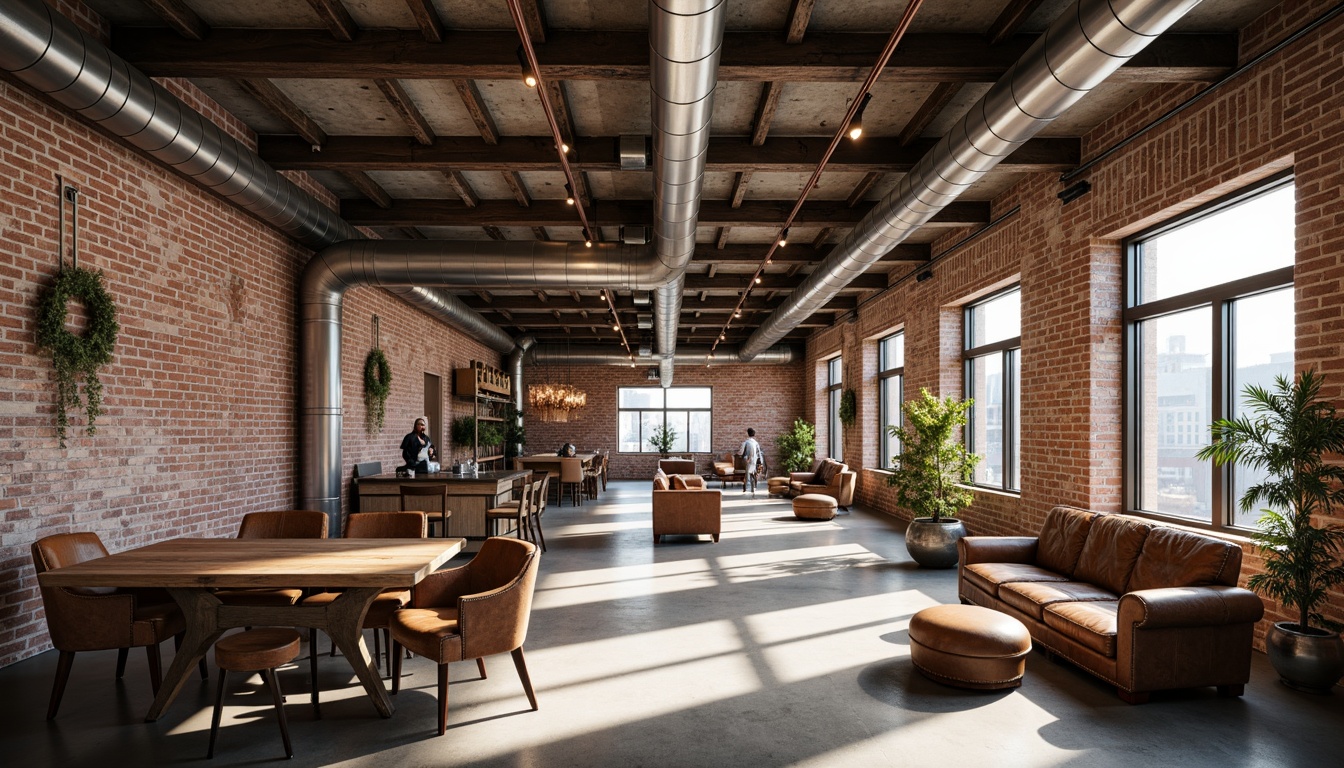 Prompt: Exposed brick walls, metal beams, industrial chic decor, reclaimed wood accents, polished concrete floors, metallic color palette, silver lighting fixtures, copper piping details, distressed leather furniture, urban loft atmosphere, high ceilings, open ductwork, functional minimalist layout, natural light pouring in, soft warm glow, shallow depth of field, 3/4 composition, panoramic view, realistic textures, ambient occlusion.