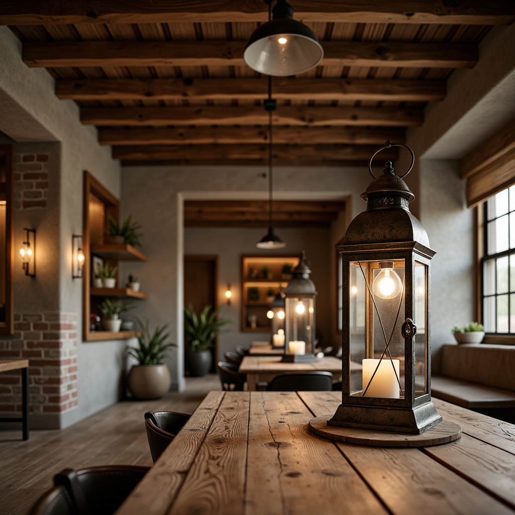 Prompt: Rustic farmhouse, vintage metal lanterns, distressed wooden beams, pendant lighting, industrial-chic fixtures, exposed brick walls, earthy color palette, natural textures, reclaimed wood accents, cozy nooks, warm ambient glow, soft warm lighting, shallow depth of field, 3/4 composition, panoramic view, realistic textures, ambient occlusion.