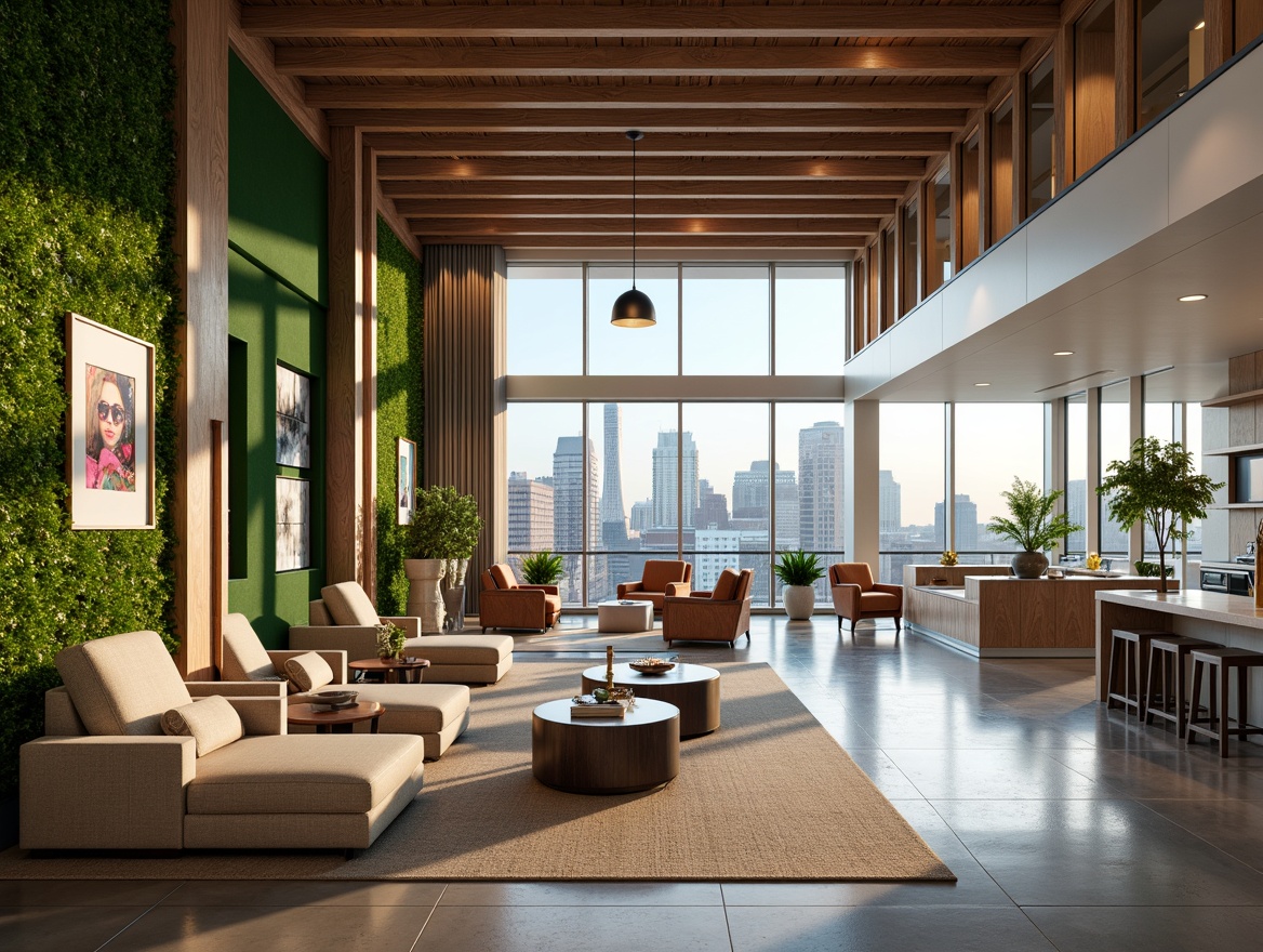 Prompt: Spacious open floor plan, comfortable seating areas, natural wood accents, plush sofas, minimalist coffee tables, modern pendant lighting, floor-to-ceiling windows, panoramic city views, lush green walls, vibrant artwork, calming color palette, soft warm lighting, shallow depth of field, 3/4 composition, realistic textures, ambient occlusion.