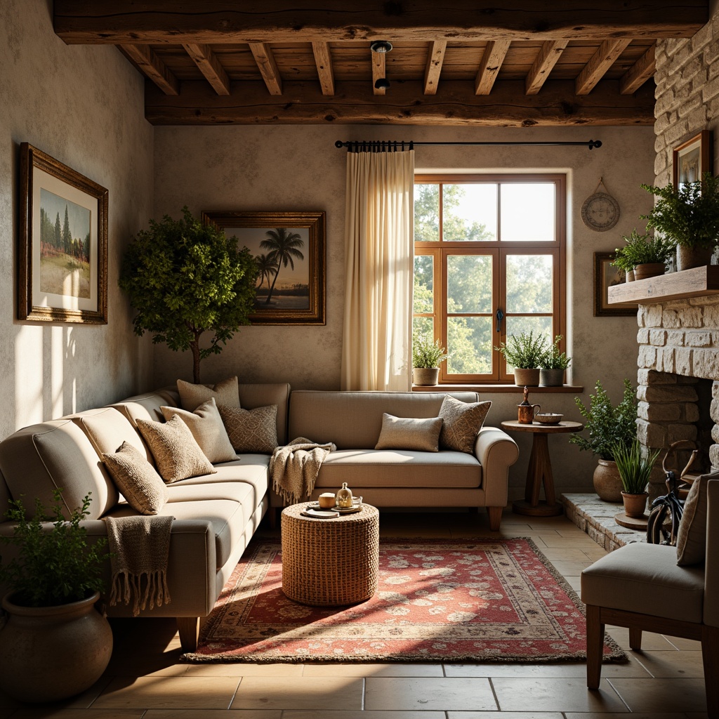 Prompt: Rustic farmhouse, warm earthy tones, soft moss green, weathered wood accents, creamy whites, rich brick reds, vintage metal decorations, natural stone walls, reclaimed wooden beams, plush throw blankets, cozy candle lighting, warm golden sunbeams, shallow depth of field, 1/1 composition, intimate atmosphere, realistic textures, ambient occlusion.