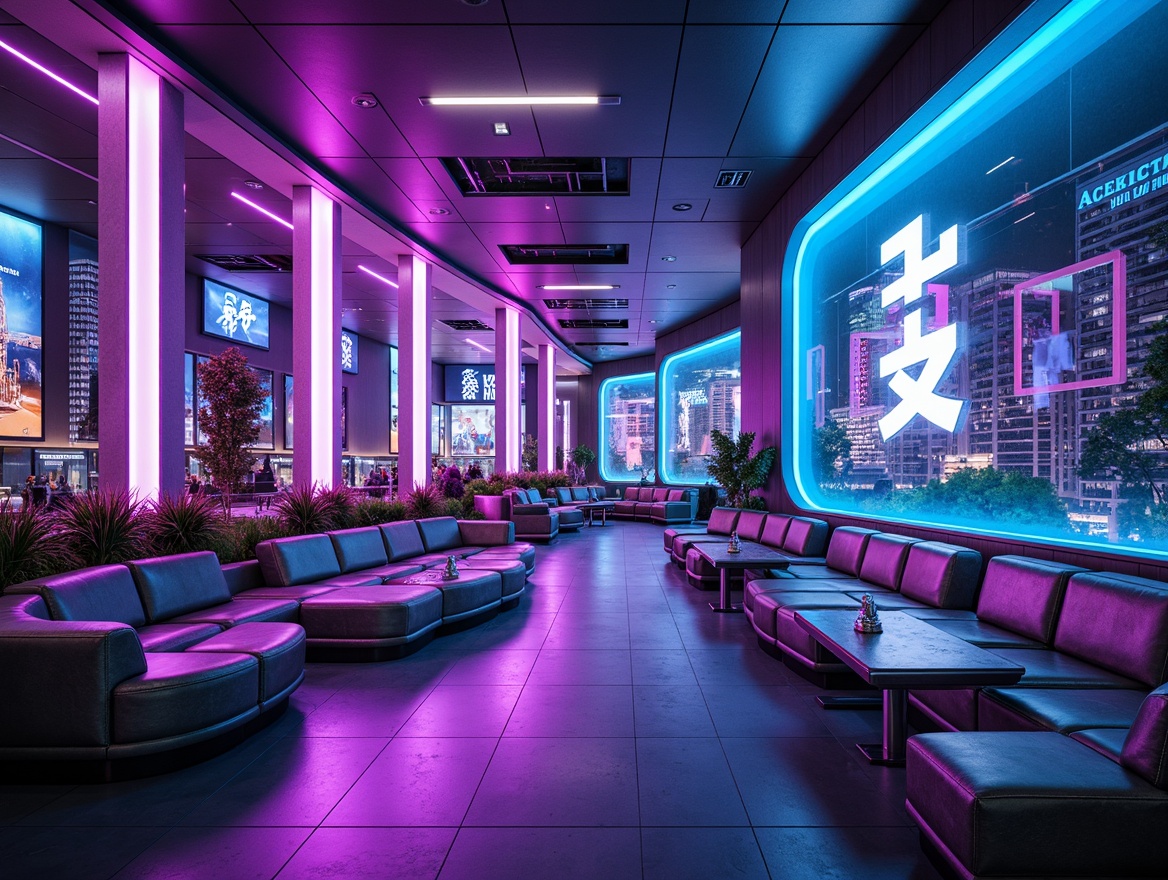 Prompt: Neon-lit cityscape, futuristic skyscrapers, metallic accents, holographic advertisements, vibrant purple highlights, electric blue neon lights, iridescent glass fa\u00e7ades, sleek silver curves, minimalist interior design, avant-garde furniture, glowing LED strips, retro-futuristic decor, chrome-plated details, luminescent paint, 3D-printed patterns, cyberpunk-inspired textures, high-contrast color scheme, dramatic spotlights, cinematic atmosphere, low-poly geometric shapes.