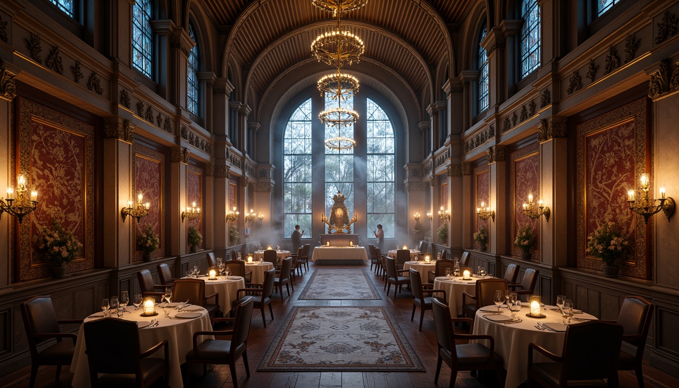 Prompt: Elegant dining hall, high ceilings, grand arches, ribbed vaults, ornate carvings, stained glass windows, rich tapestries, wooden paneling, medieval-inspired furniture, intricately designed chandeliers, warm candlelight, dramatic shadows, atmospheric mist, cinematic composition, low-key lighting, subtle color palette, luxurious textiles, regal ambiance, refined elegance.