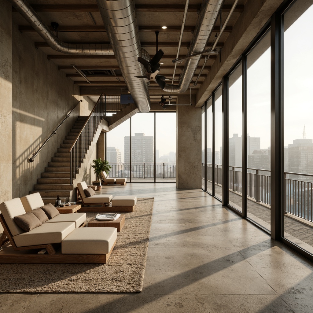 Prompt: Raw concrete walls, exposed ductwork, industrial pipes, minimalist decor, brutalist architecture, transparent glass partitions, translucent acrylic surfaces, diffused natural light, warm beige tones, rugged stone flooring, reclaimed wood accents, metallic staircase railings, urban cityscape views, dramatic overhead lighting, high contrast shadows, 1/2 composition, cinematic framing, realistic reflections.