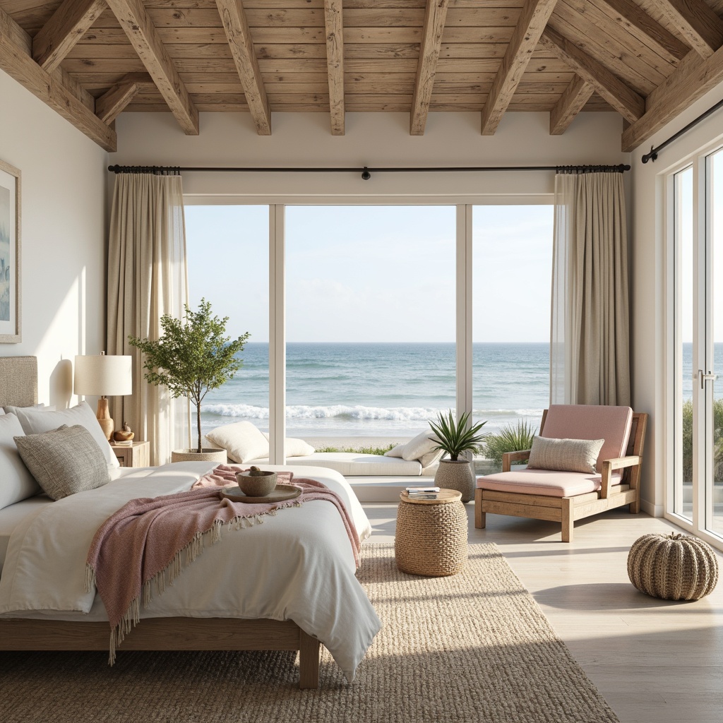 Prompt: Soft ocean breeze, calming coastal ambiance, serene bedroom atmosphere, gentle waves, driftwood accents, natural textiles, linen fabrics, creamy whites, weathered wood tones, muted blues, seafoam greens, coral pinks, sandy neutrals, warm beige, soft peach, ocean-inspired patterns, subtle nautical themes, distressed finishes, rustic decor, relaxed luxury, cozy reading nooks, plush area rugs, ambient lighting, 1/2 composition, shallow depth of field, realistic textures, gentle color transitions.