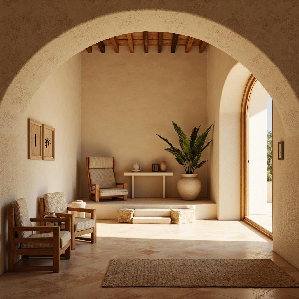 Prompt: Serene monastery interior, soft golden lighting, calming neutral tones, creamy whites, warm beige stones, rustic wooden accents, subtle spiritual symbols, minimalist decor, sparse furniture arrangement, natural textiles, earthy terracotta floors, gentle archways, soft diffused light, shallow depth of field, 1/1 composition, intimate atmosphere, realistic textures, ambient occlusion.