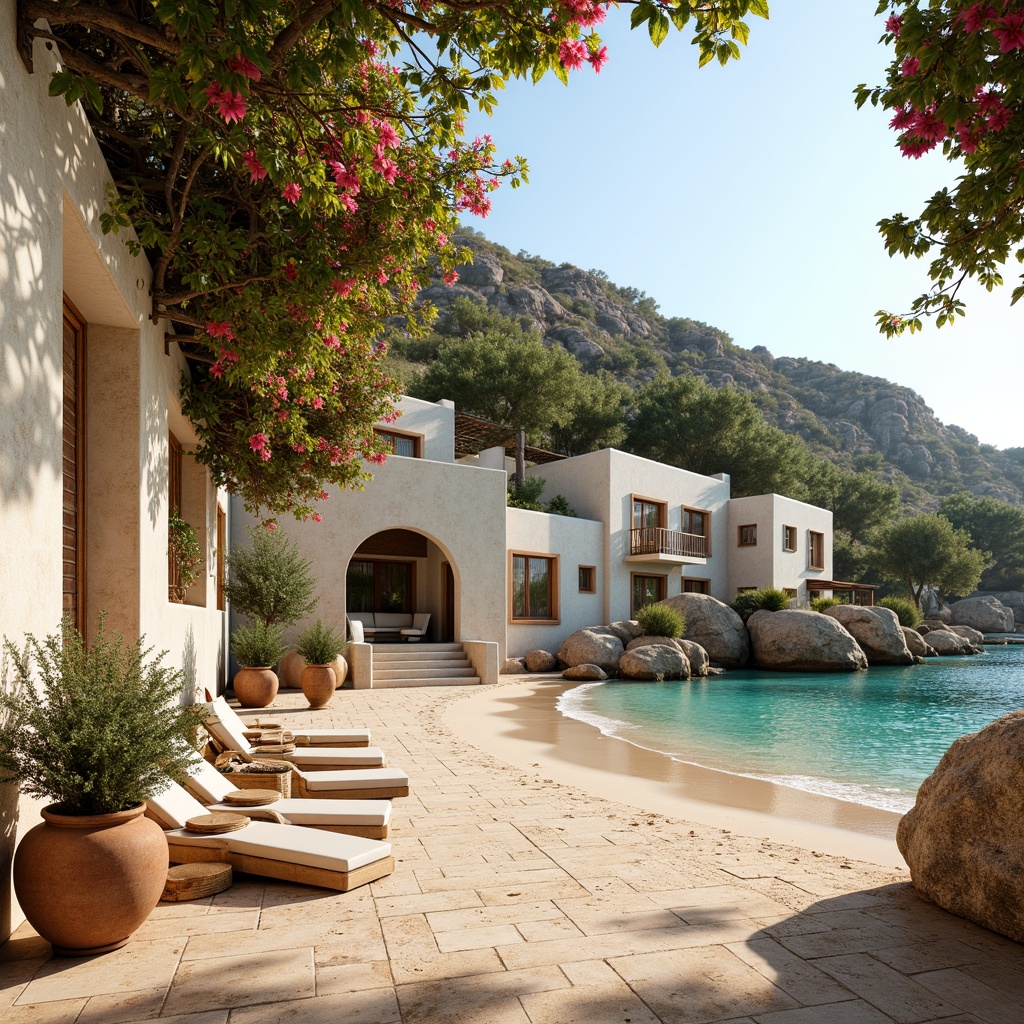 Prompt: Warm sandy beaches, turquoise waters, whitewashed houses, rustic stone walls, vibrant bougainvillea, terracotta pots, ornate tile work, distressed wood accents, natural linen fabrics, soft sienna hues, creamy whites, rich blues, warm golden lighting, atmospheric perspective, 1/2 composition, cinematic depth of field, realistic textures, ambient occlusion.