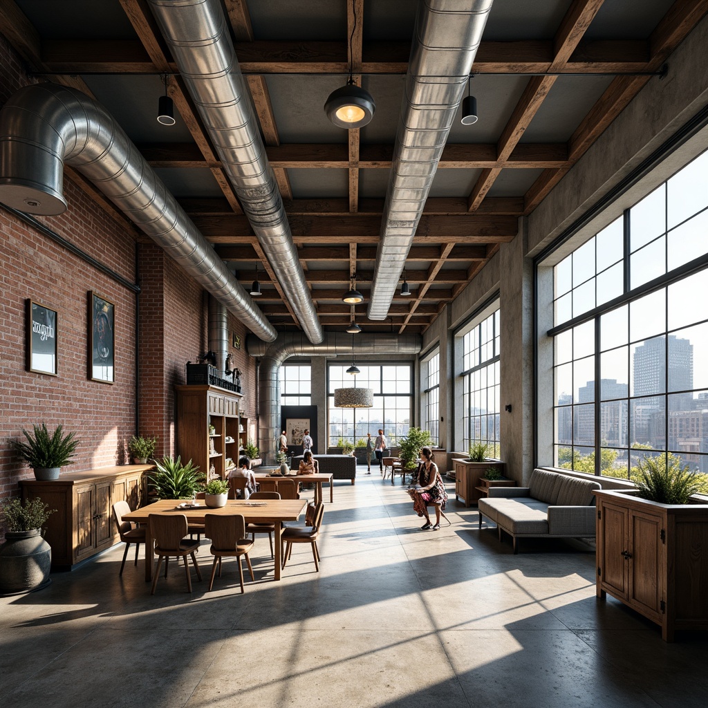 Prompt: Exposed ductwork, concrete floors, industrial metal beams, reclaimed wood accents, functional pipes, minimalist lighting fixtures, urban cityscape views, large warehouse windows, brick walls, vintage factory equipment, eclectic mix of modern and antique furniture, metallic color scheme, distressed textures, natural light pouring in, shallow depth of field, 1/1 composition, wide-angle lens, realistic rendering, ambient occlusion.