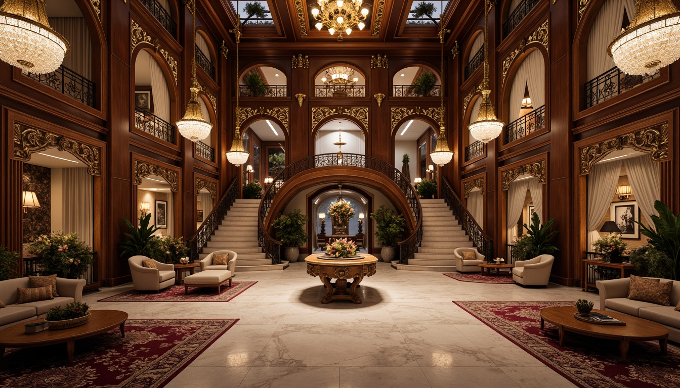 Prompt: Luxurious interior space, intricately carved wooden panels, ornate golden fixtures, crystal chandeliers, marble flooring, velvet upholstery, richly patterned rugs, grand staircases, sweeping archways, decorative moldings, lavish furnishings, opulent fabrics, intricate mosaics, warm ambient lighting, soft focus, shallow depth of field, 1/1 composition, realistic textures, ambient occlusion.