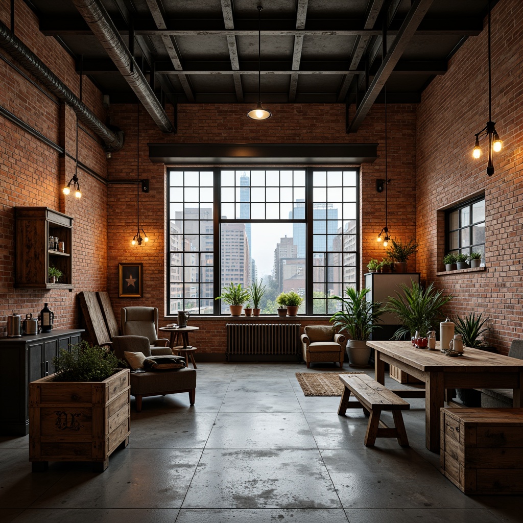 Prompt: Rustic factory setting, exposed brick walls, metal beams, industrial chic decor, reclaimed wood accents, concrete floors, Edison bulb lighting, distressed wooden crates, vintage manufacturing equipment, urban cityscape views, overcast day, warm ambient lighting, shallow depth of field, 2/3 composition, realistic textures, ambient occlusion.