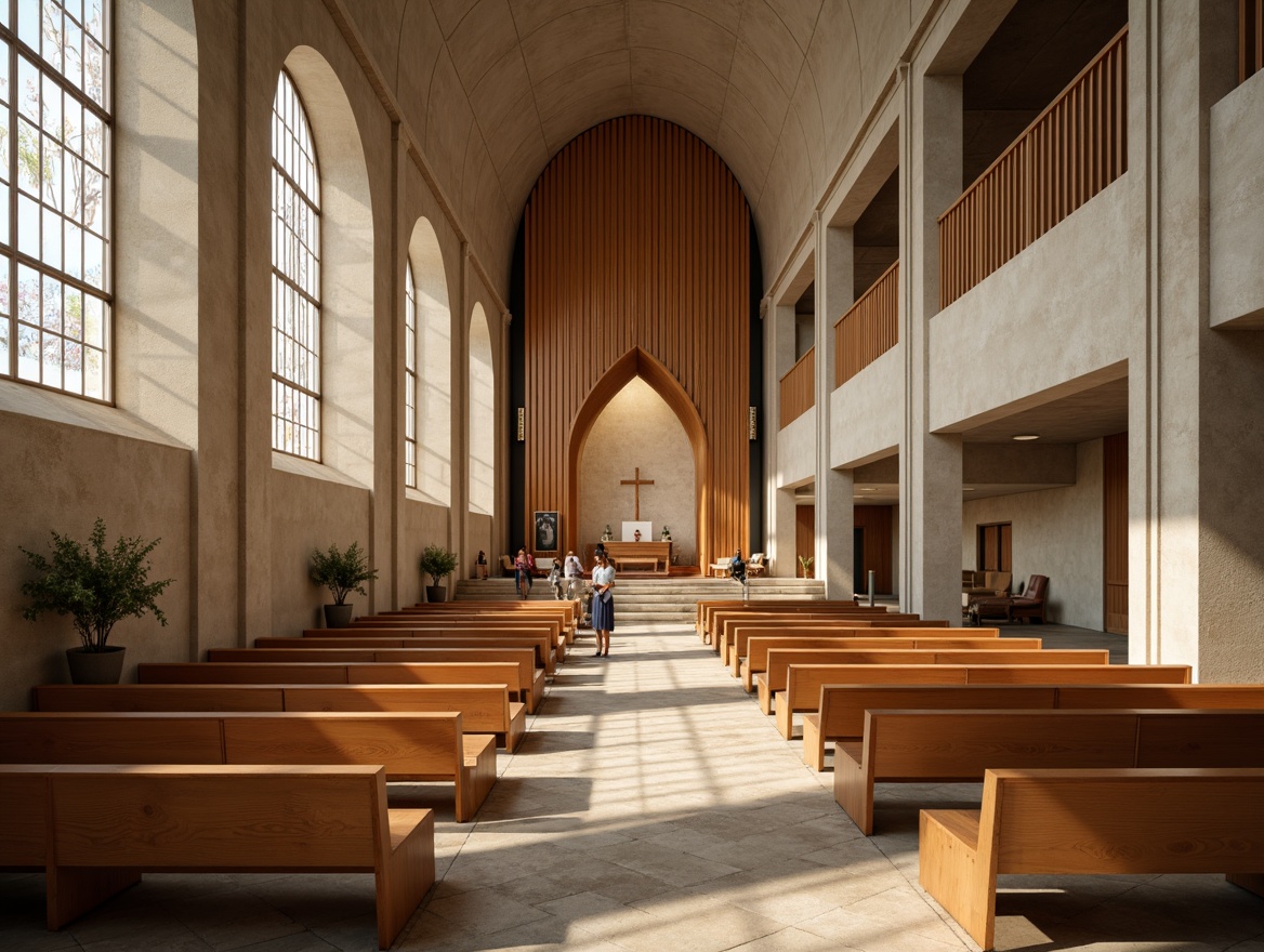 Prompt: Contemporary church interior, warm wooden pews, stained glass windows, natural stone flooring, minimalist altar design, subtle ambient lighting, soft shadows, warm beige walls, sleek metal accents, elegant curves, organic shapes, textured concrete columns, ribbed vaulted ceiling, dramatic verticality, 3/4 composition, shallow depth of field, realistic material textures, ambient occlusion.