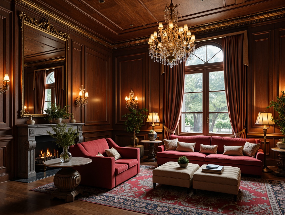 Prompt: Elegant living room, rich wood tones, ornate furniture, velvet upholstery, golden accents, crystal chandeliers, intricate carvings, luxurious fabrics, soft warm lighting, subtle shadows, 1/1 composition, intimate atmosphere, refined details, sophisticated textures, antique vases, marble coffee tables, tufted ottomans, majestic curtains, stately armchairs.