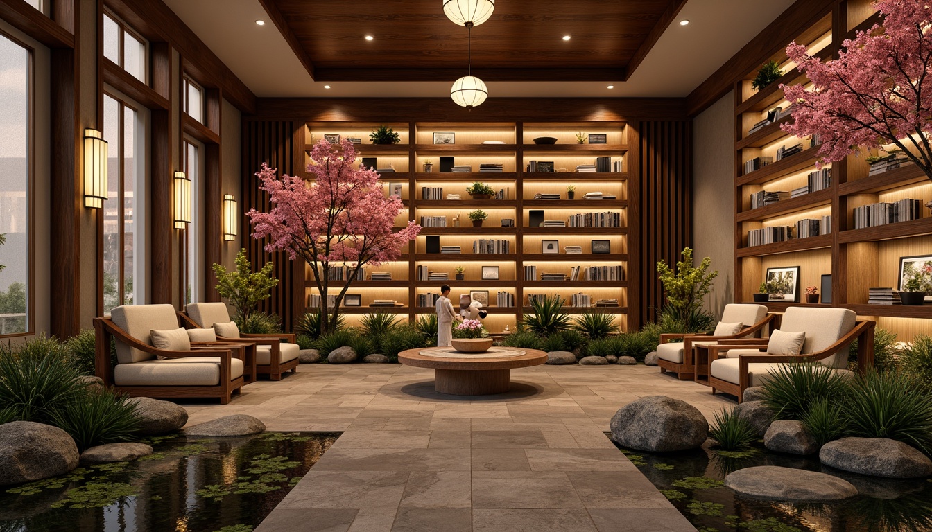 Prompt: \Soothing Asian-style library, warm wood accents, natural stone flooring, paper lantern-inspired lighting, lush greenery, vibrant cherry blossoms, tranquil water features, serene ambiance, earthy color palette, beige walls, rich walnut bookshelves, comfortable seating areas, intricate wooden carvings, soft warm lighting, subtle texture overlays, 1/2 composition, atmospheric perspective, realistic material reflections.\