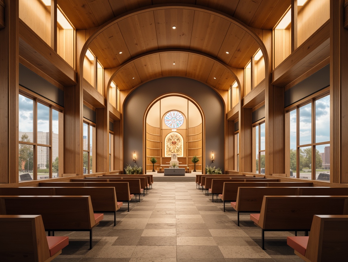 Prompt: Modern church interior, minimalist decor, sleek wooden pews, curved lines, natural stone flooring, stained glass windows, warm ambient lighting, subtle textures, 3/4 composition, shallow depth of field, panoramic view, realistic rendering, elegant chandeliers, simple altarpieces, comfortable seating areas, soft cushions, warm color scheme, inviting atmosphere, calm ambiance, prayerful mood, subtle spiritual symbols, gentle curves, flowing shapes, harmonious proportions.