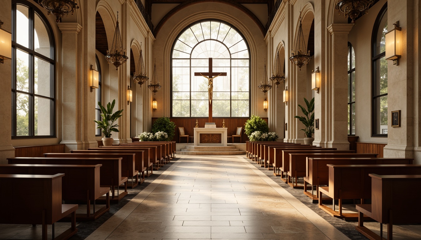 Prompt: Elegant Christian cross, subtle stained glass windows, minimalist altar design, soft warm lighting, polished marble floors, sleek wooden pews, ornate metal chandeliers, abstract geometric patterns, neutral color palette, calming ambiance, serene atmosphere, vaulted ceilings, grand organ pipes, intricate stone carvings, luxurious velvet drapes, ornamental flowers, subtle aromas, shallow depth of field, 1/2 composition, warm natural textures, ambient occlusion.