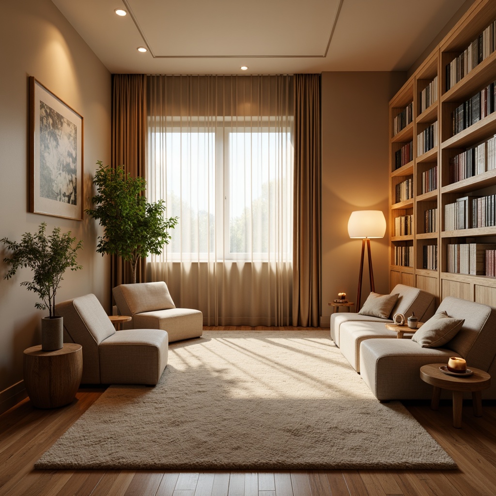 Prompt: Cozy reading nook, warm beige walls, soft plush carpets, comfortable armchairs, wooden bookshelves, floor lamps, acoustic panels, sound-absorbing materials, calming ambiance, peaceful atmosphere, natural light filtering, sheer curtains, minimalist decor, subtle color palette, relaxing background noise, warm white lighting, 1/2 composition, shallow depth of field, realistic textures.