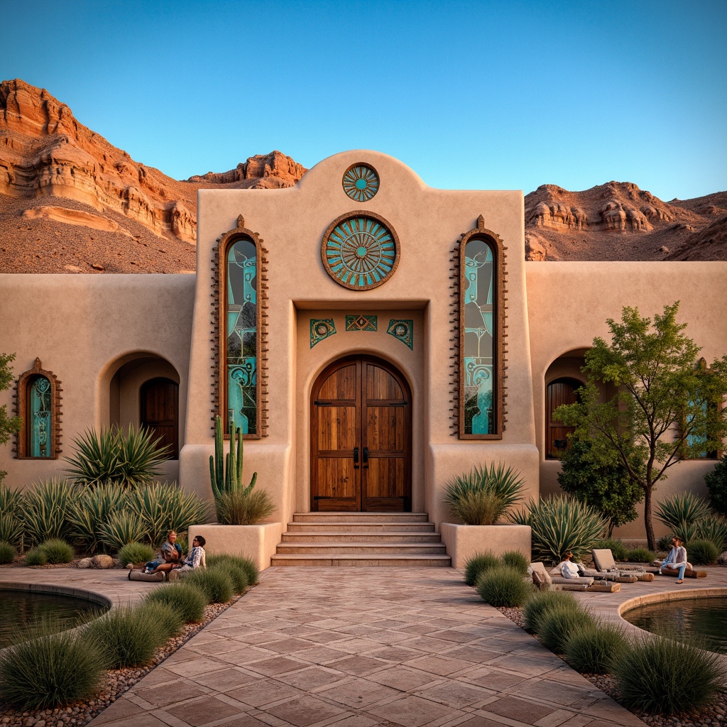 Prompt: Vibrant turquoise accents, intricate adobe patterns, rustic wooden doors, weathered stone fa\u00e7ades, ornate Native American-inspired carvings, majestic desert landscapes, clear blue skies, warm sandy dunes, cacti silhouettes, sacred geometries, mystical mandalas, reverent candlelit interiors, soft golden lighting, serene chapel spaces, contemplative courtyards, meandering pathways, water feature reflections, lush greenery, Southwestern terracotta tones, earthy materiality, harmonious proportions, balanced compositions, panoramic views, realistic textures, ambient occlusion.