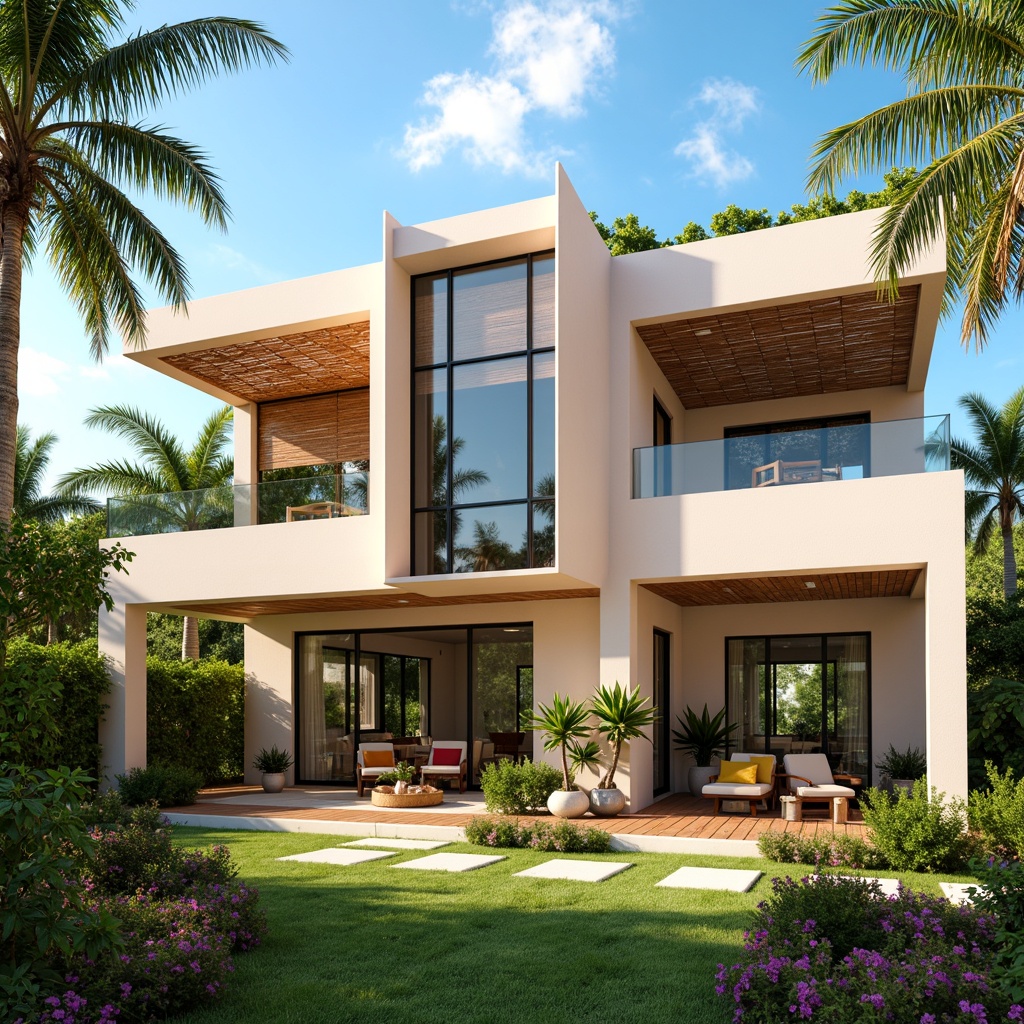 Prompt: Tropical style house, high ceilings, large windows, sliding glass doors, natural ventilation systems, cross ventilation, clerestory windows, solar chimneys, wind catchers, roof overhangs, shading devices, louvers, jalousies, bamboo blinds, wooden shutters, pastel-colored walls, lush greenery, vibrant flowers, tropical plants, palm trees, warm sunny day, soft natural lighting, 1/1 composition, shallow depth of field, realistic textures.