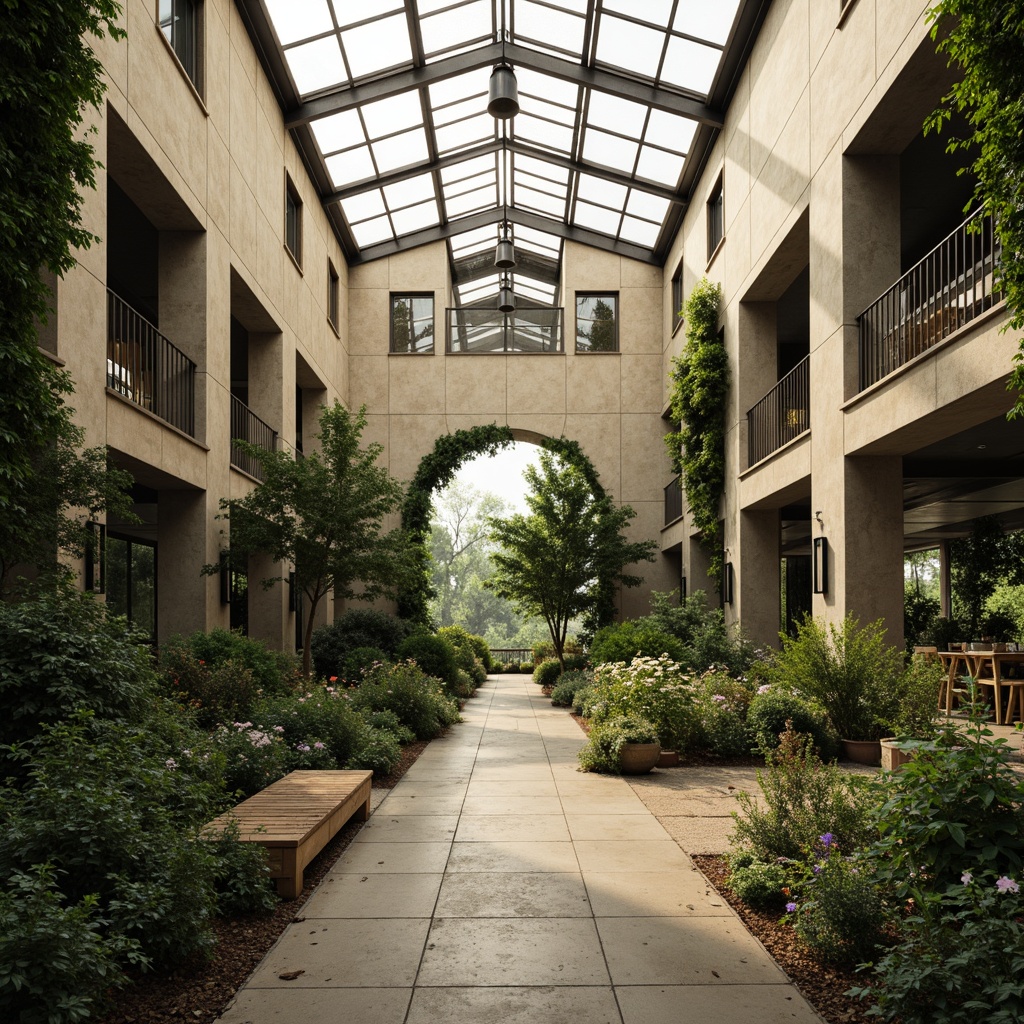 Prompt: Rugged greenhouse, exposed concrete walls, industrial metal frames, lush tropical plants, vines crawling up columns, natural stone floors, reclaimed wood accents, dramatic overhead lighting, diffused soft light, warm beige tones, earthy color palette, organic shapes, brutalist architecture, minimalist decor, functional simplicity, abundance of greenery, misty atmosphere, subtle humidity, shallow depth of field, 1/1 composition, realistic textures, ambient occlusion.