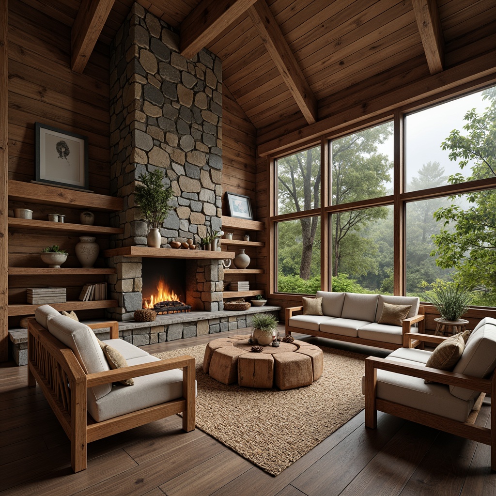 Prompt: Rustic cabin, wooden logs, stone fireplace, earthy tones, natural textures, reclaimed wood accents, woven wicker furniture, jute rugs, linen upholstery, pinecone decorations, forest surroundings, misty morning, soft warm lighting, shallow depth of field, 1/1 composition, realistic wood grains, ambient occlusion.