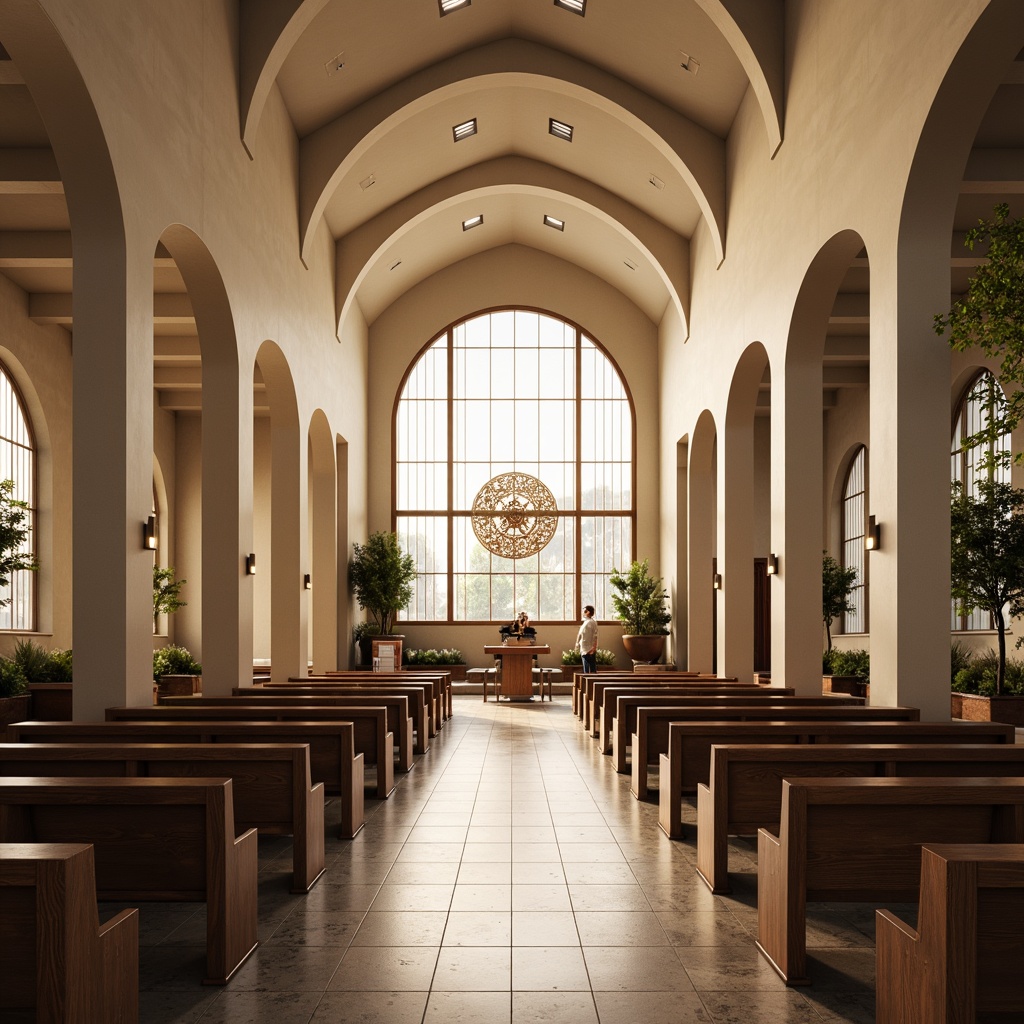 Prompt: Minimalist church interior, sleek lines, curved arches, stained glass windows, subtle lighting, warm beige tones, polished marble floors, ornate wooden pews, elegant chandeliers, geometric patterns, intricate carvings, sacred symbols, vaulted ceilings, dramatic verticality, soft diffused light, 1/2 composition, atmospheric perspective, realistic reflections, ambient occlusion.