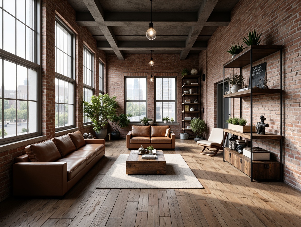 Prompt: Exposed brick walls, metal beams, reclaimed wood flooring, industrial-chic lighting fixtures, urban loft atmosphere, distressed leather sofas, vintage machinery parts decor, functional metal shelving, concrete accents, neutral color palette, minimal ornamentation, functional decor, high ceilings, large windows, natural light, airy open space, modern industrial design, edgy textures, contrasting materials, dynamic spatial layout.