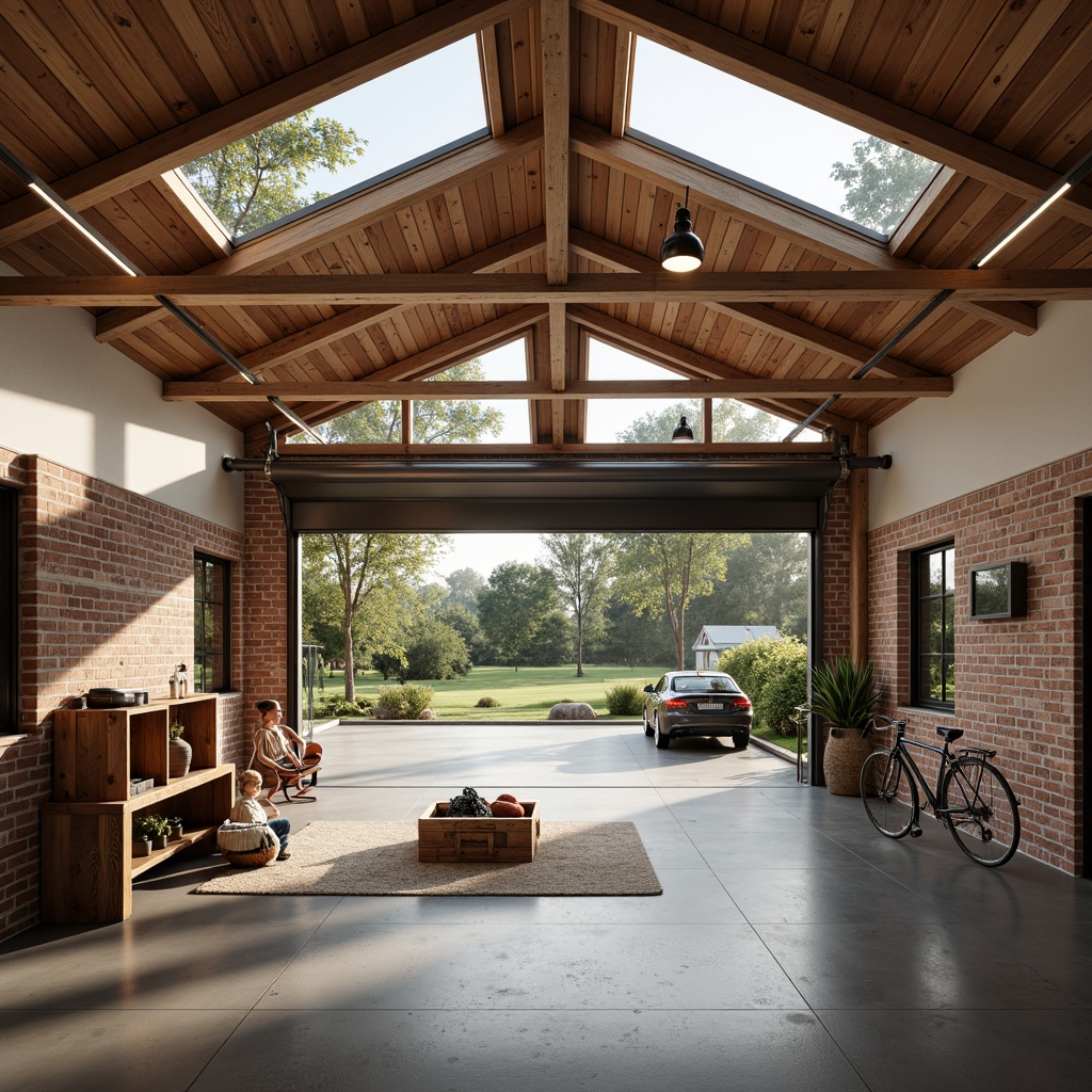 Prompt: Cozy family garage, Scandinavian modern style, wooden accents, minimalist decor, natural light, large skylights, industrial pendant lamps, warm white lighting, LED strips, recessed ceiling lights, exposed brick walls, polished concrete floors, sleek metal doors, rustic wood crates, vintage bicycles, nostalgic car models, soft morning light, subtle shadows, 1/1 composition, realistic textures, ambient occlusion.