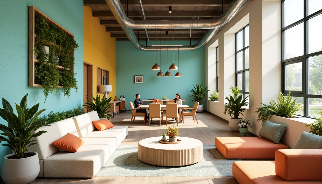 Prompt: Vibrant student lounge, pastel color scheme, soft mint walls, calming blue accents, warm beige furniture, natural wood textures, greenery installations, industrial metal beams, modern minimalist lighting, cozy reading nooks, comfortable plush sofas, refreshing citrus colors, invigorating coral hues, lively yellow highlights, energetic orange tones, stimulating turquoise shades, airy open spaces, abundant natural light, shallow depth of field, 3/4 composition, panoramic view, realistic textures, ambient occlusion.