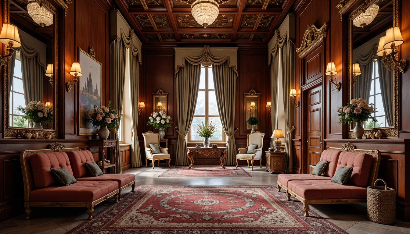 Prompt: Intricate wooden furniture, ornate carvings, luxurious velvet upholstery, golden accents, crystal chandeliers, marble floors, grandiose mirrors, lavish curtains, richly patterned rugs, elegant vases, exquisite artwork, refined metalwork, sophisticated color palette, warm ambient lighting, 1/1 composition, shallow depth of field, realistic textures, subtle shadows.