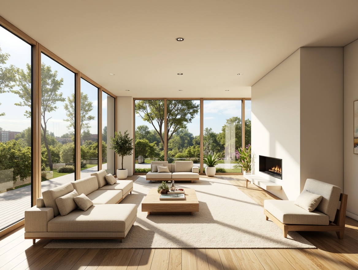 Prompt: Vibrant living room, floor-to-ceiling windows, sliding glass doors, minimal window frames, reflective surfaces, creamy white walls, polished wooden floors, sleek minimalist furniture, airy atmosphere, abundant natural light, warm sunny day, soft diffused lighting, shallow depth of field, 1/1 composition, panoramic view, realistic textures, ambient occlusion.